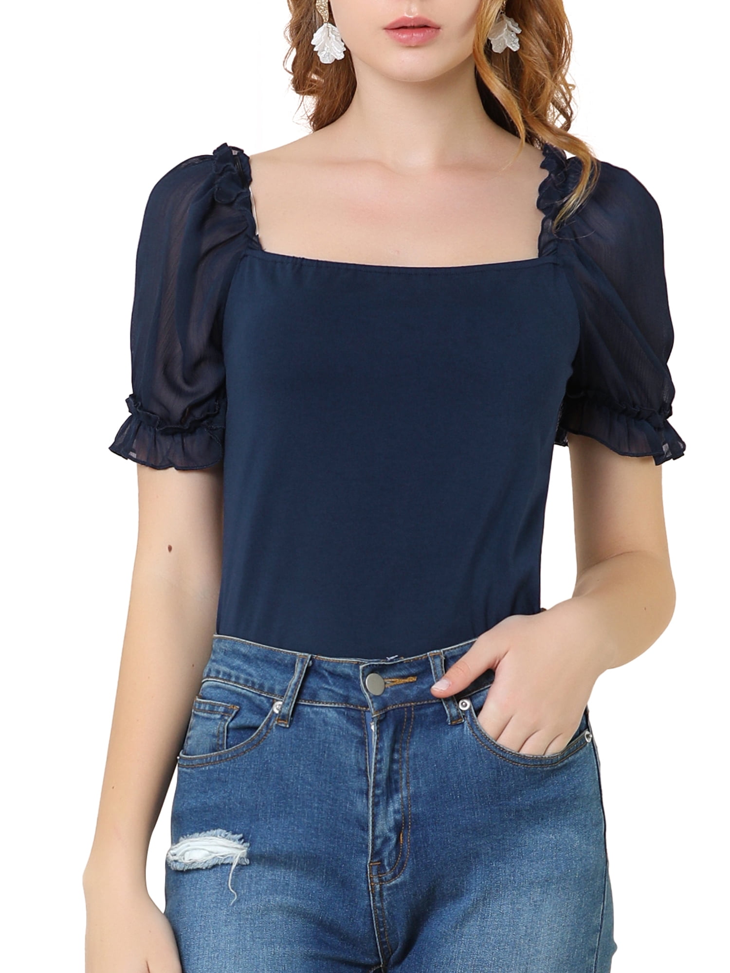 Allegra K Women s Elegant Puff Sheer Sleeve Blouse Square Neck Tops 