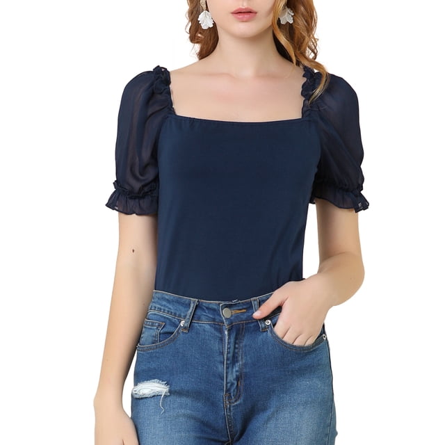 INSPIRE CHIC Women's Elegant Puff Sheer Sleeve Blouse Square Neck Tops