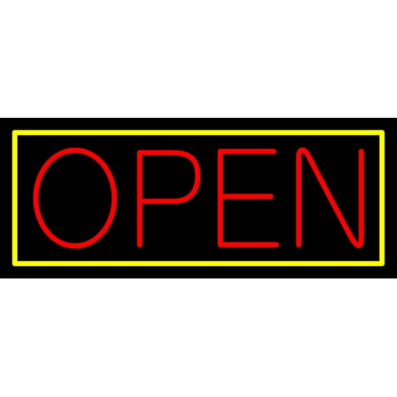 Red Open With Yellow Border LED Neon Sign 13 x 32 - inches, Clear Edge Cut Acrylic Backing, with Dimmer - Bright and Premium built indoor LED Neon Sign for storefront.