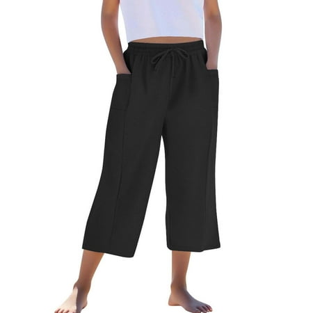 Fengqque Girls Elastic Waist Capri Pants with Pocket - Solid Design Comfort Fit for Kids Ages 4-14 Years - Casual Bottoms with Stretchy Fabric