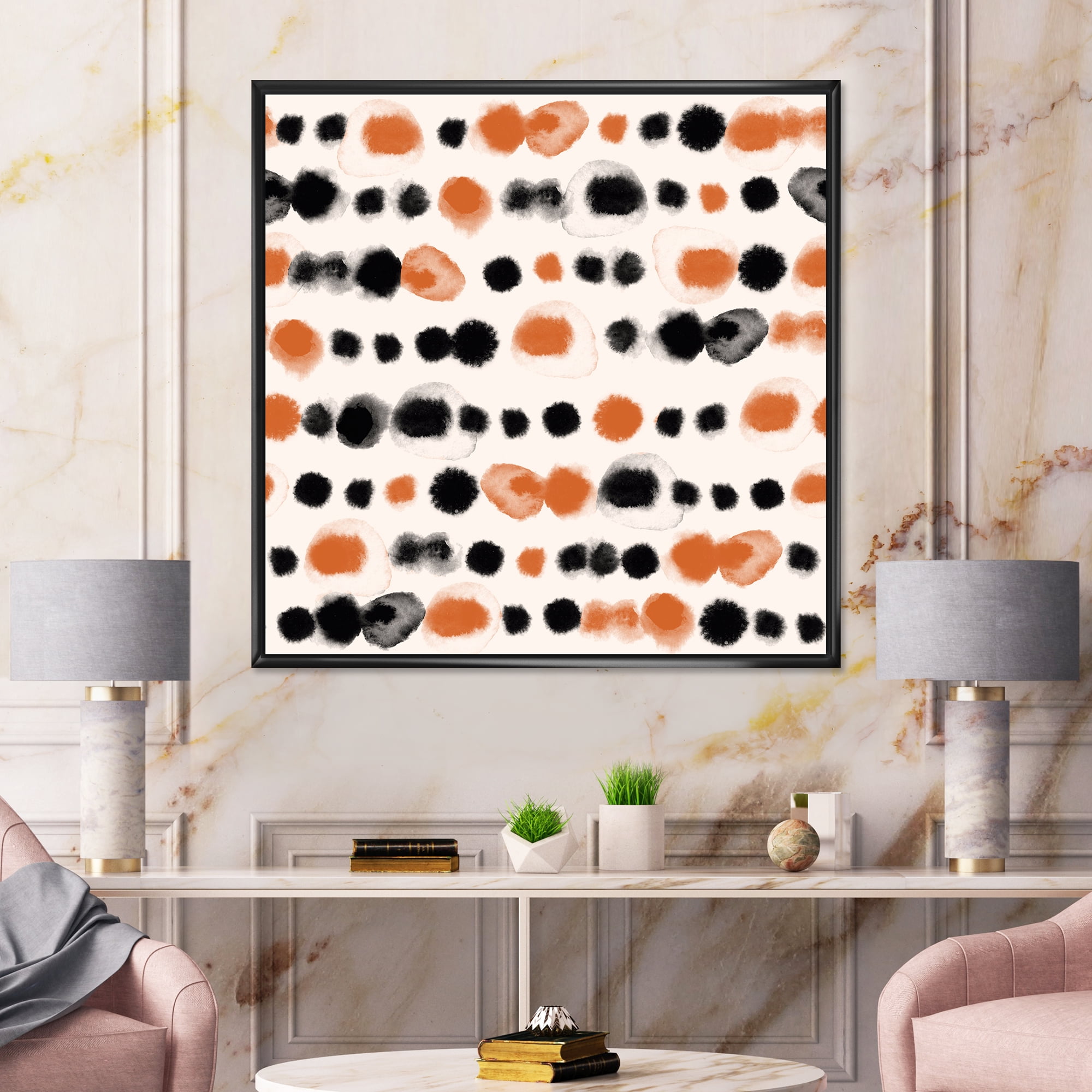 Designart 'Orange and Black Polka Dots' Modern Framed Canvas Wall Art Print