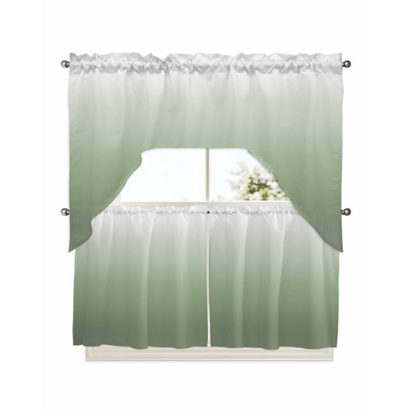 Sage Green Ombre Kitchen Curtain and Valance Set 3 Pieces, Rod Pocket Short Tier Curtains 24 Inch Length, Modern Sage Green Abstract Art Swag Topper Small Window Treatment for Cafe Bathroom Bedroom