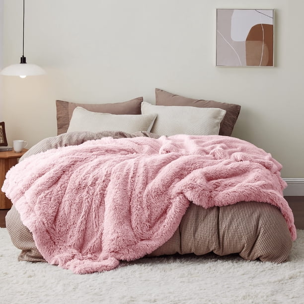Manta de cama de color rosa suave, tamaño king size, esponjosa y peluda para invierno