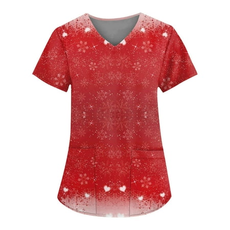 

HHei_K scrubs for women Women s Fashion V-neck Short Sleeve Workwear With Pockets Christmas Printed Tops