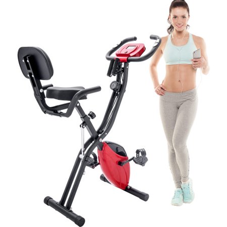 Folding Exercise Bike  Fitness Upright and Recumbent X-Bike with 10-Level Adjustable Resistance  Arm Bands and Backrest