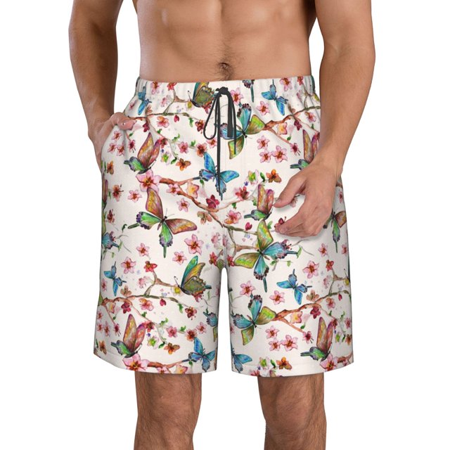 Balery Floral With Butterflies Traje de Baño Estilo Hawaiano para Hombre, Shorts de Secado Rápido con Bolsillos-XX-Large