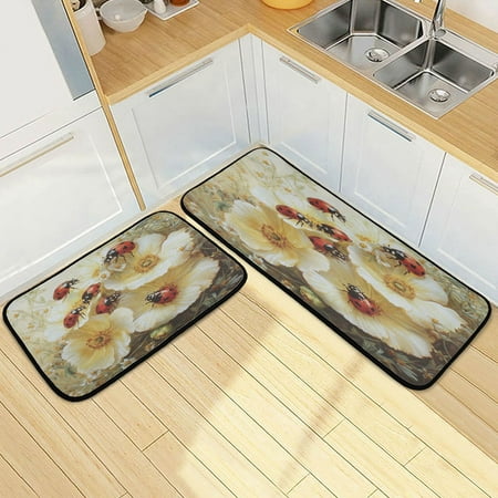 

Wobogo Ladybugs Picking Flowers Kitchen Carpet Set of 2 Absorbent and Stain Resistant Non-slip Star Rubber Backing