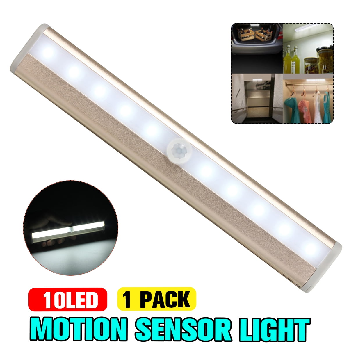 Rechargeable Cordless PIR Motion Sensor LED Night Light Lamp Wardrobe Cabinet 