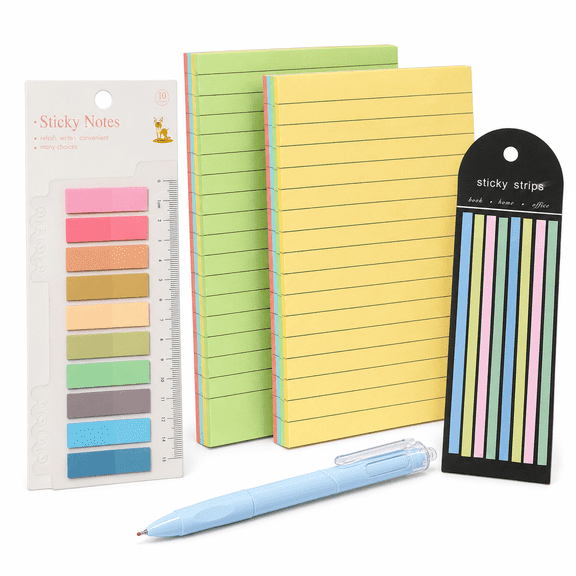 Sticky Notes Set with Blue Pen, 10-Color Page Markers, 2 Lined Memo Pads and 8-Color Index Strips for Students, Reading, School, Office and Planners