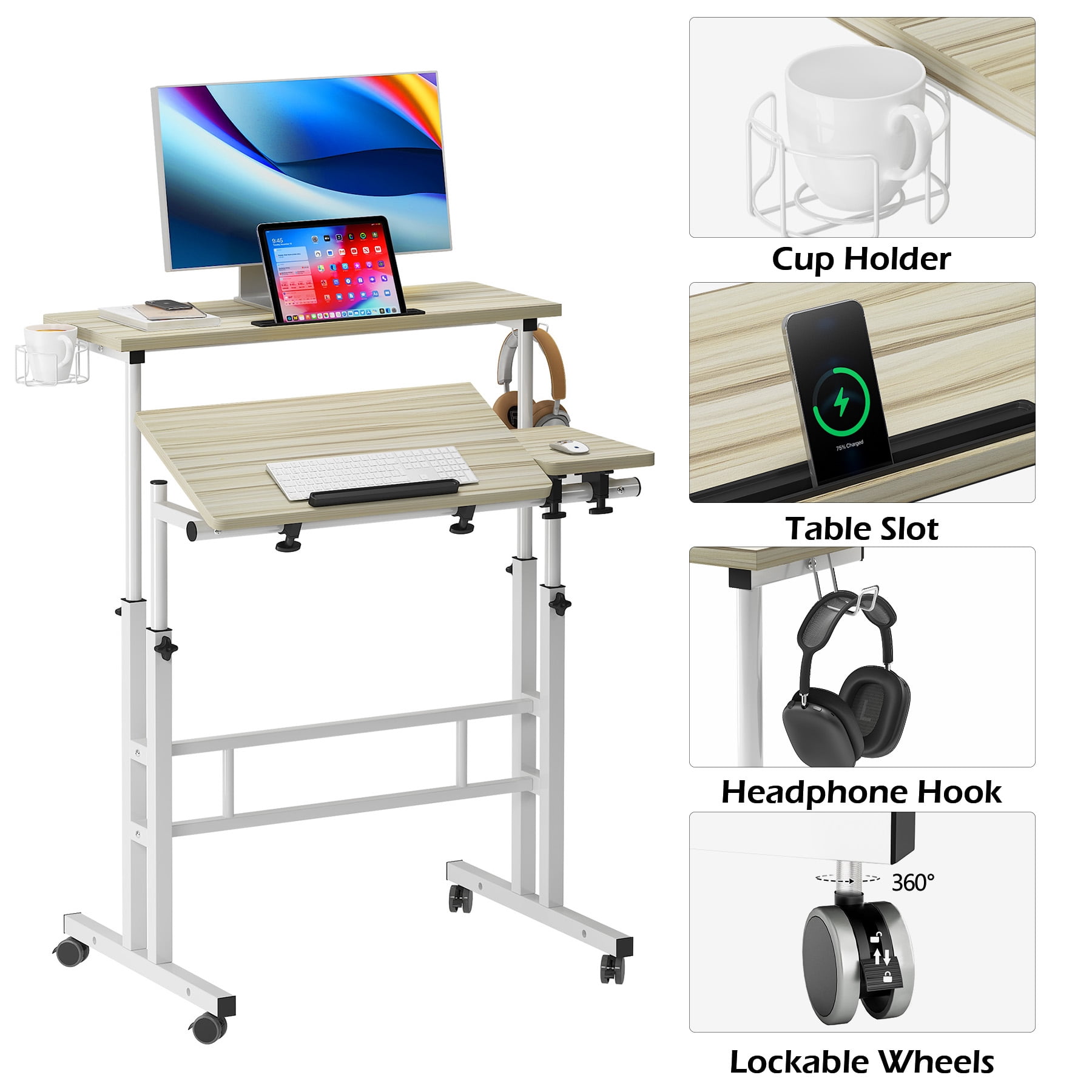 Soges Mobile Standing Desk with Cup Holder and Hooks, Portable Stand Up Desk, Adjustable Height Small Standing Desk, Rolling Desk with Wheels, Home Office Laptop Cart, Maple