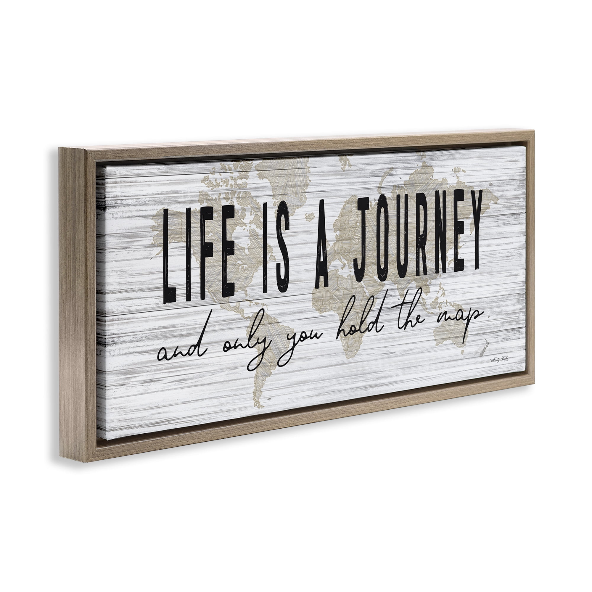 Stupell Industries Life Is a Journey Rustic World Map Inspirational Painting Brown Floater Framed Canvas Art Print Wall Art, 31 x 14