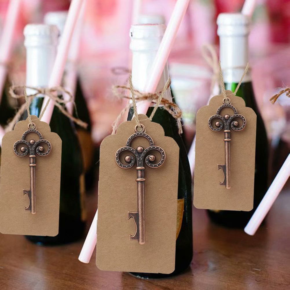 Antique Gold Aokbean 52pcs Small Vintage Skeleton Key Bottle Opener Party Favor Wedding Favor Guest Souvenir Gift Set with Escort Thank You Tag Card and Keychain