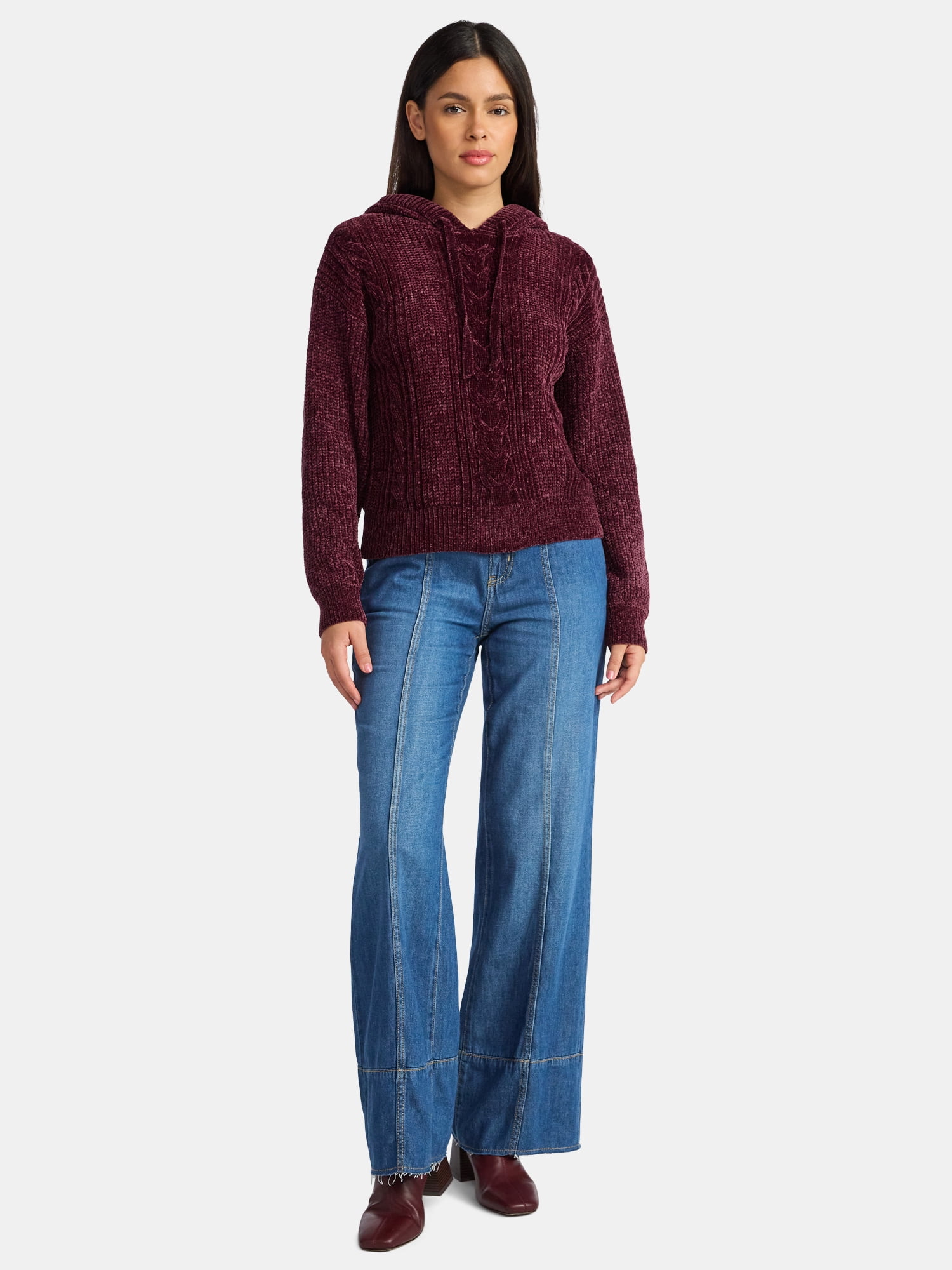 Time and Tru Women's Velveteen Hoodie Pullover Sweater with Long Sleeves, Sizes XS-XXXL
