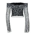 thumbnail image 4 of Lace Mesh Sheer Long Sleeve Tops for Women Leopard Print Off The Shoulder Trim Crop Fitted Tight T Shirts Blouses Grey L, 4 of 5