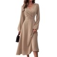 thumbnail image 1 of Vestido LaLaLin de manga larga con cuello en V y cintura torcida para mujer, maxi caqui, 1 of 7