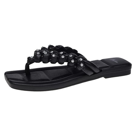 

Fandiiiii Fancy Wedges Women Sandals Fashionable New Pattern Square Toe Flip Flop Bright Diamond Decoration Thick Sole Flat Bottom Breathable Comfortable Casual Beach Shoes