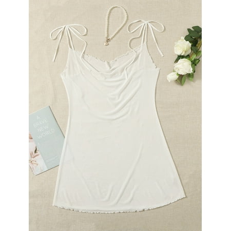 

Women s Plus Tie Shoulder Lettuce Trim Mesh Cami Nightdress White 0XL(12) for Summer F220102Y