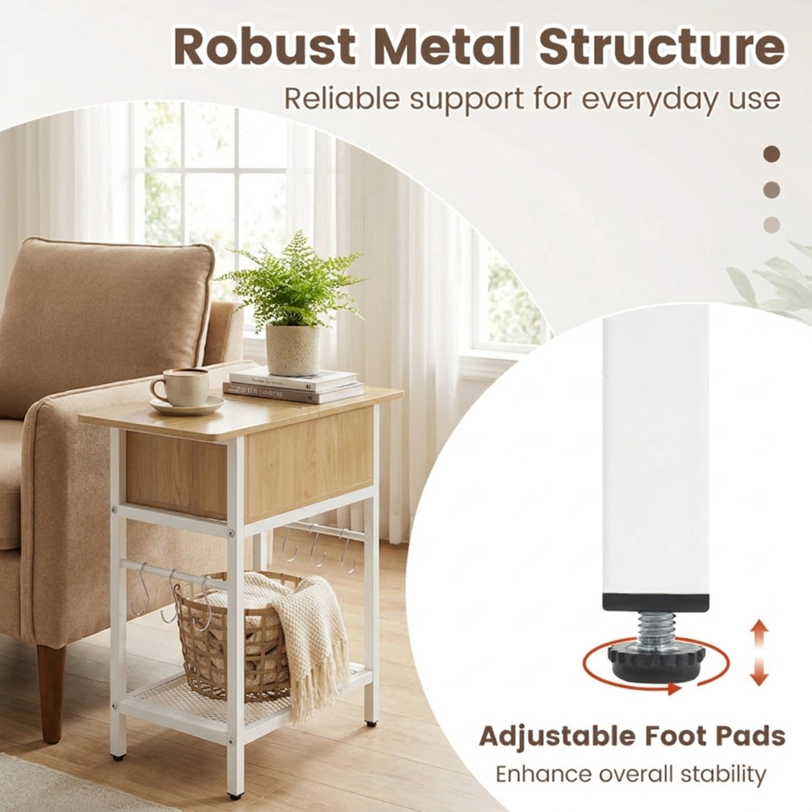 Furnibear Set of 2 End Table with Charging Station and Hidden Compartment USB Type C Ports and Bottom Shelf for Living Room Bedroom, Natural