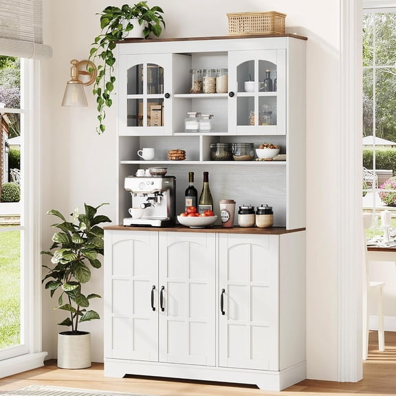 Pantry Cabinet with Charging Station, Tall Kitchen Pantry Storage Cabinet with Hutch,70.9 Inch Kitchen Cabinet with Glass Doors, for Dining Room