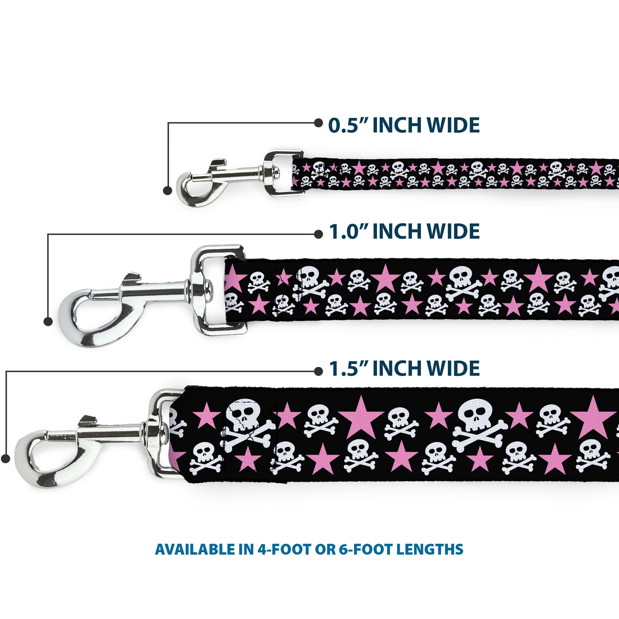 Buckle-Down Pet Leash, Dog Leash, Skulls Stars Black White Pink, 6 Feet Long 1.0 Inch Wide