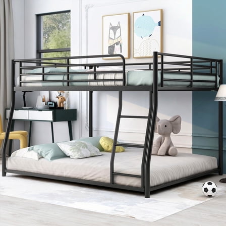 Modern Black Metal Floor Bunk Bed - Full XL/Queen Combo