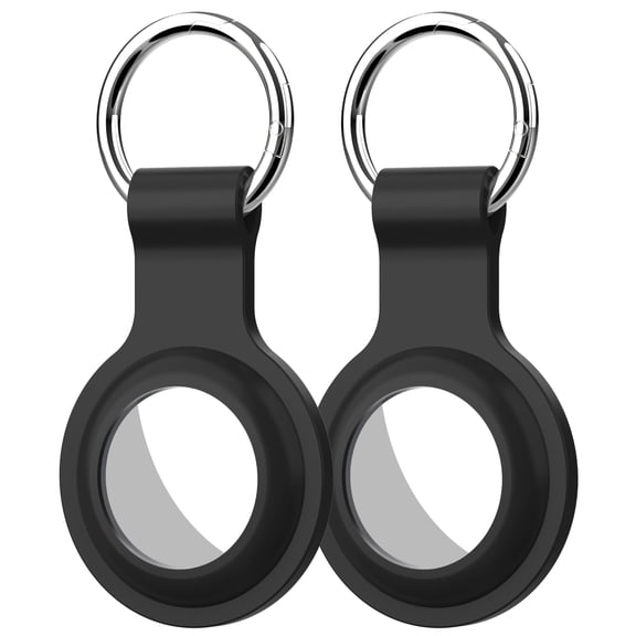 Vena 2-Pack For Silicone AirTag Holders with Metal Keyrings, Protective Keychain Cases for Kids, Keys, Backpacks, Bags and Pet Collars, Black
