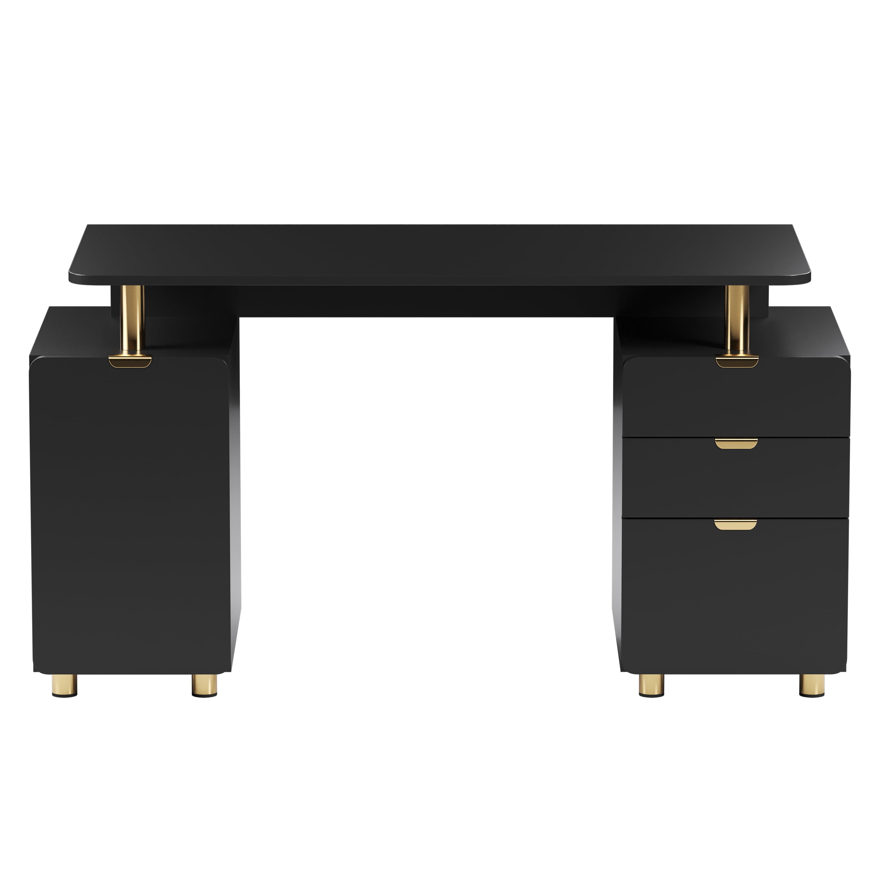 56.75" W Elegant Executive Desk with 3 Drawers and Storage Cabinet, Modern Office Desk with Gold Accents, Floating Work Surface, Closed Storage with Ventilation & Adjustable Shelf, Black & Gold