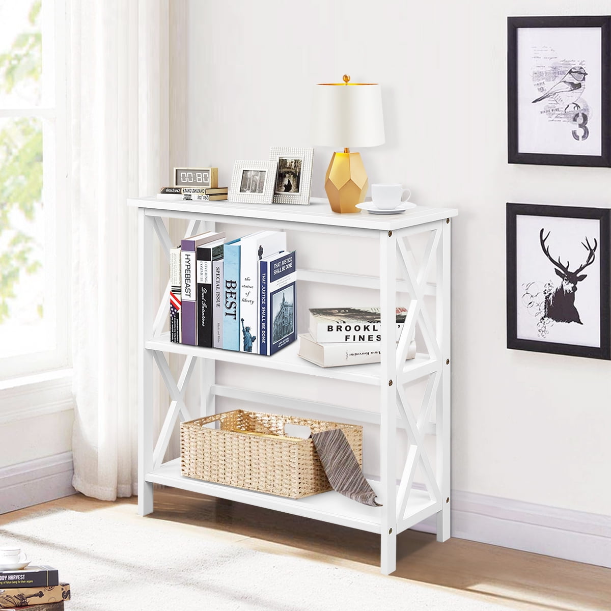 Wooden Shelf Bookcase 3-Tier Open Bookshelf W/X-Design Freestanding Rack Natural