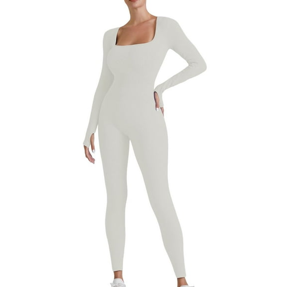 OSOLU Women Long Sleeve Yoga Jumpsuits Workout Ribbed Bodysuits Pants Workout Stretchy Running Tummy Control Joggers Bottoms White S
