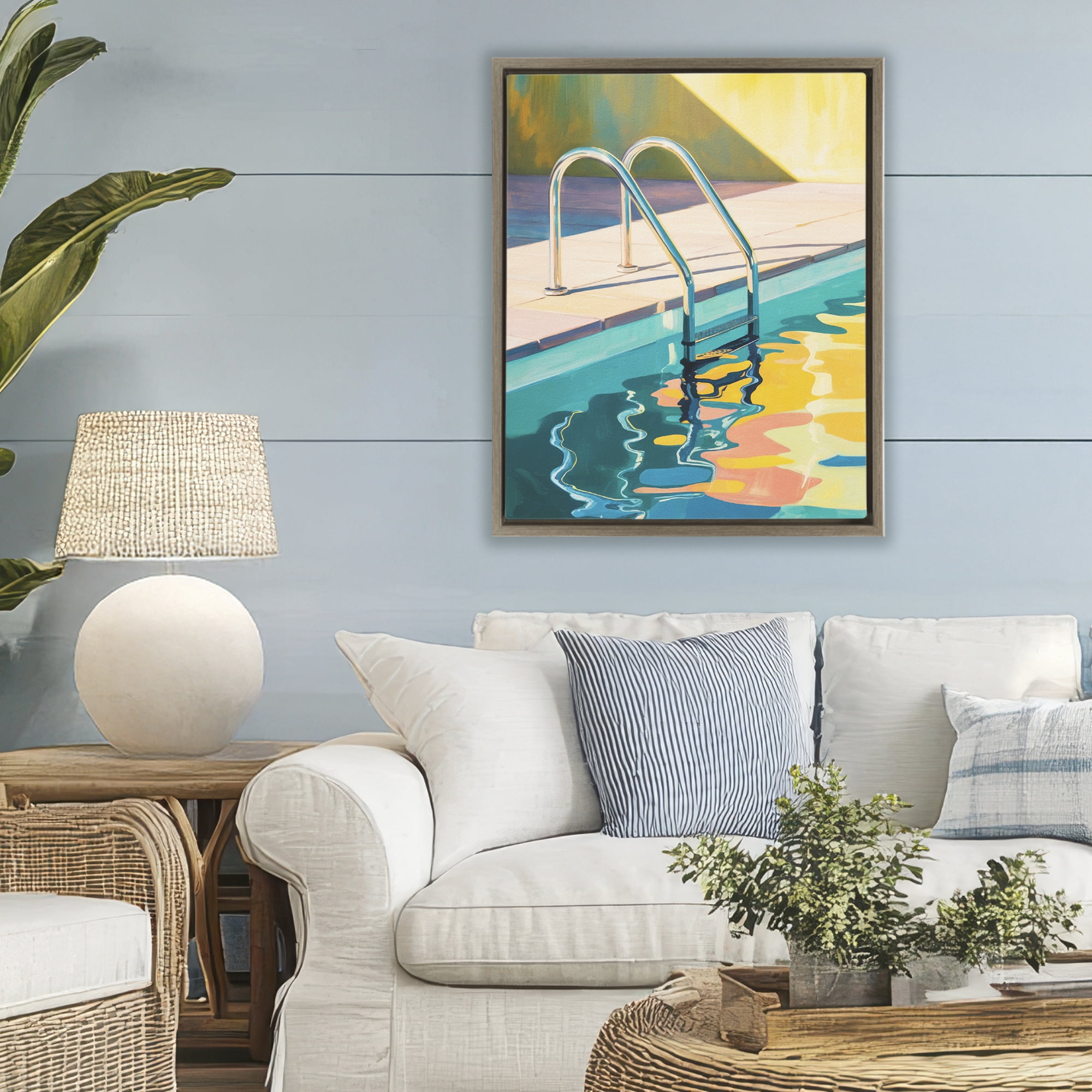 Stupell Industries Pool Ladder At Sunset Brown Framed Floater Canvas Wall Art, design by Andreas Magnusson