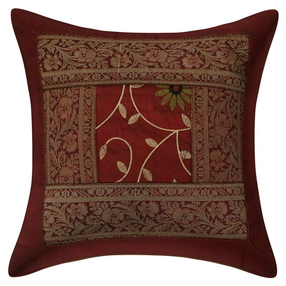 Stylo Culture Indian Couch Throw Pillow Cover Embroidered 16 x 16 Brocade Patchwork Maroon Traditional 40 x 40 cm Bed Room Polydupion Floral Square Cushion Cover | 1 Pc