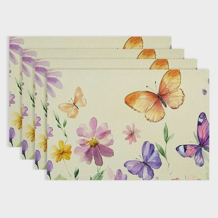 

Pratyus 4pcs Flowers Butterflies Party Table Placemat Set - Linen Western Meal Pad for Birthday Christmas Restaurants Buffets Home Decor 18x12in