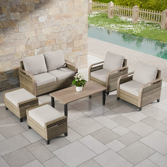 COOS BAY 6 Piece Brown Wicker Patio Sofa Set Outdoor Rattan Furniture Conversation Set Loveseat, Dining Chairs and Ottomans with Gray Cushions, Wood Grain Top Tables