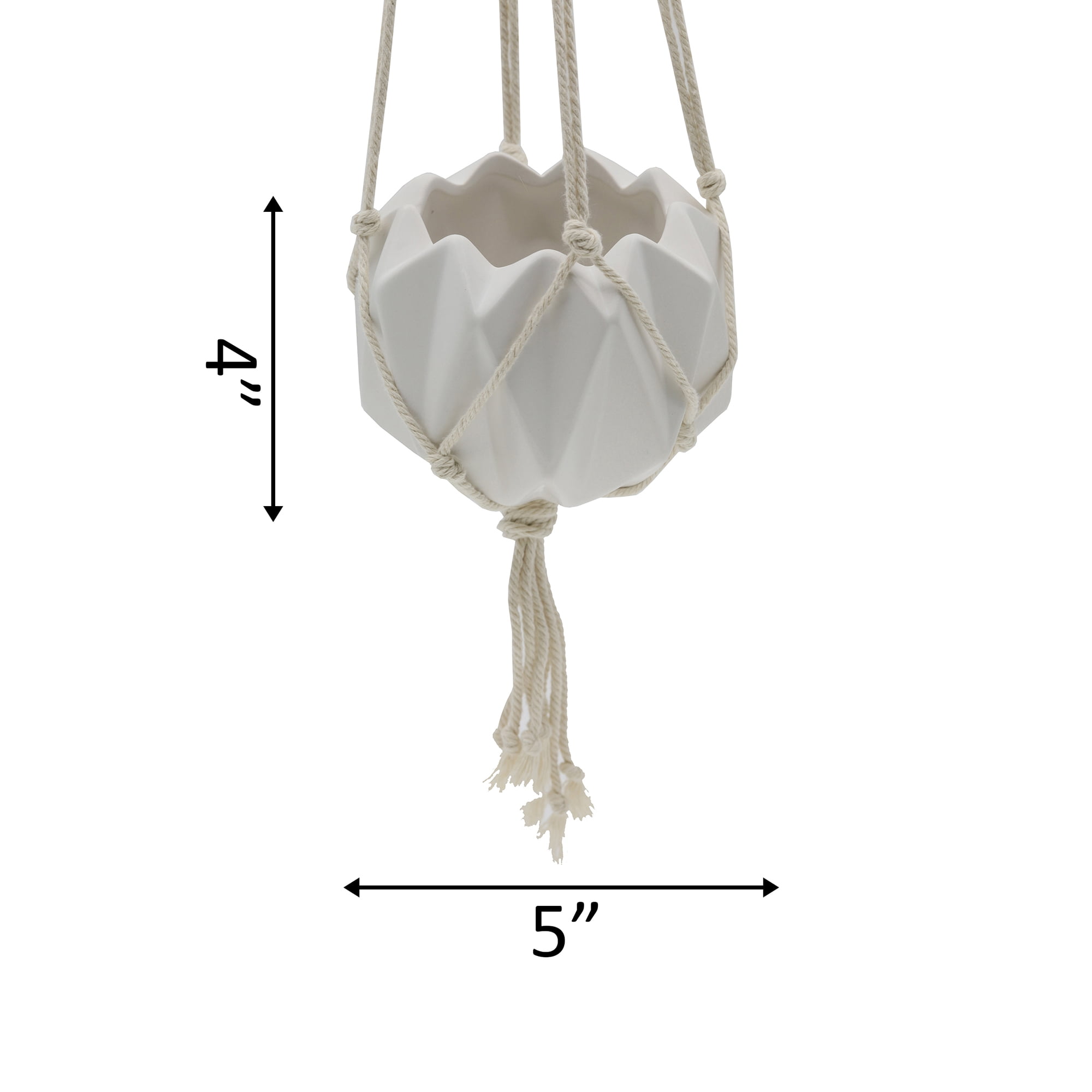 5 x 5" Ceramic Macrame Hanging Planter (Matte White)