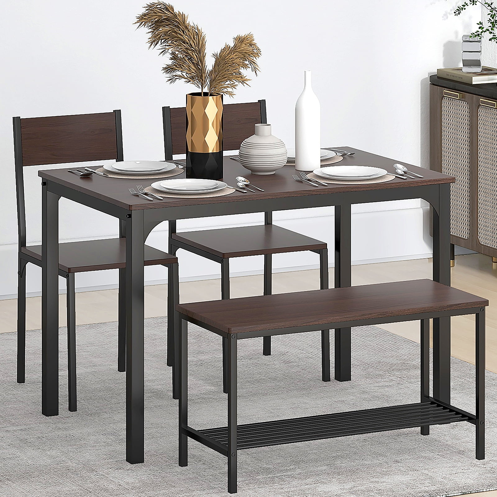 SogesPower Dining Table Set for 4, Kitchen Table with 2 Chairs and 1 Bench, Use for Living Room Dining Room Kitchen, Brown