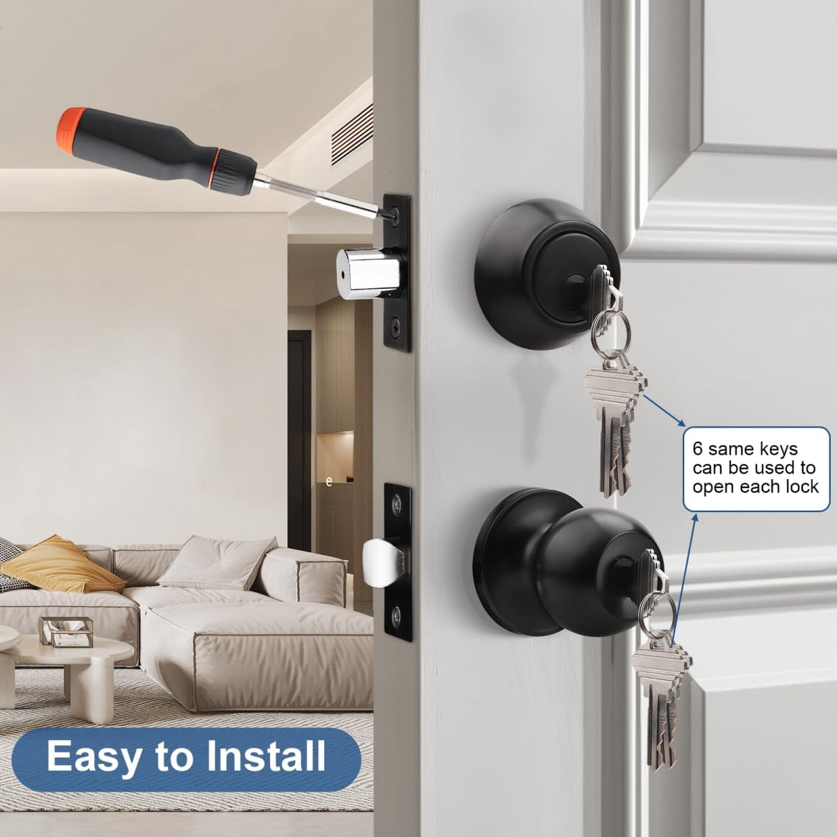 Entry Door Knobs and Double Cylinder Deadbolt, Keyed Alike Door Handle Set with Same Keys, Combo Pack for Front Doors-Keyed on Both Side, Matte Black Finish, Contractor Pack of 2 Set