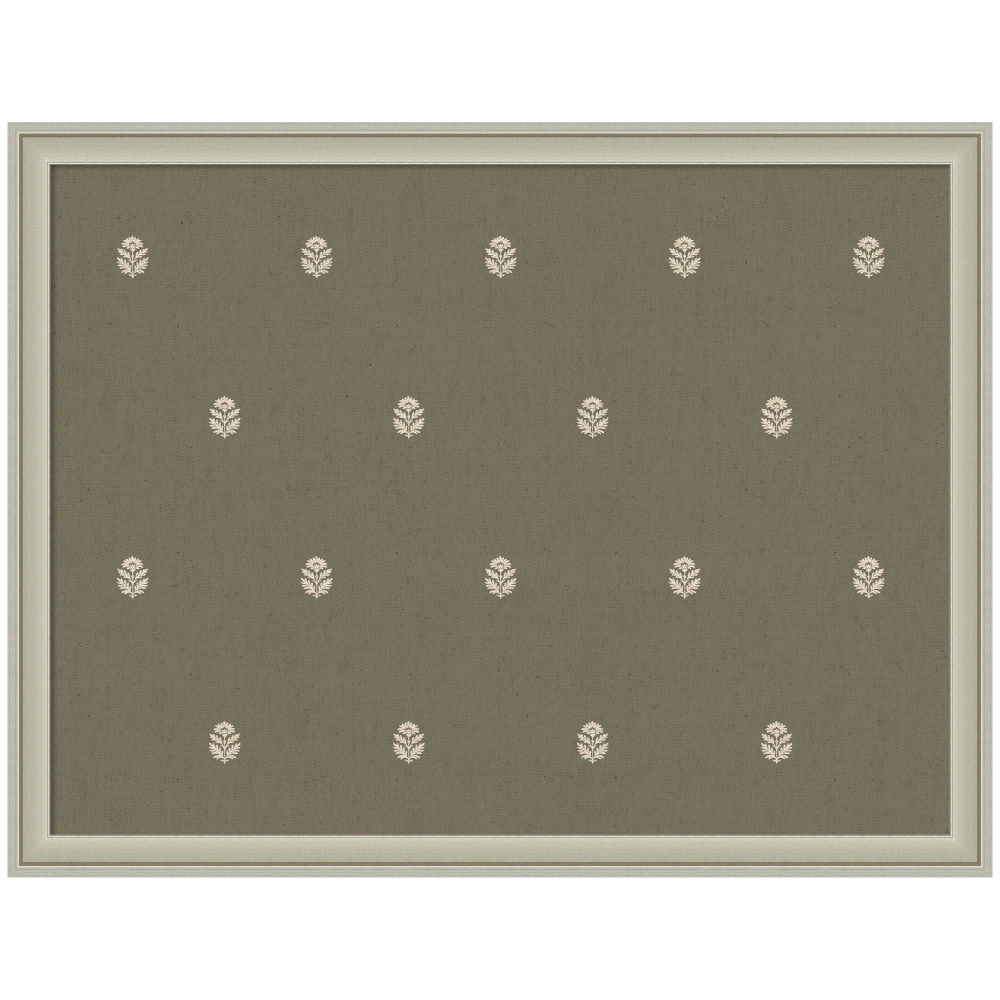 Kate and Laurel Framed Fabric Pinboard 26 x 20, Green Botanical Block Print Printed Linen Classic Bulletin Board for Use as a Vision Board or Wall Organization, Florence Silver Frame