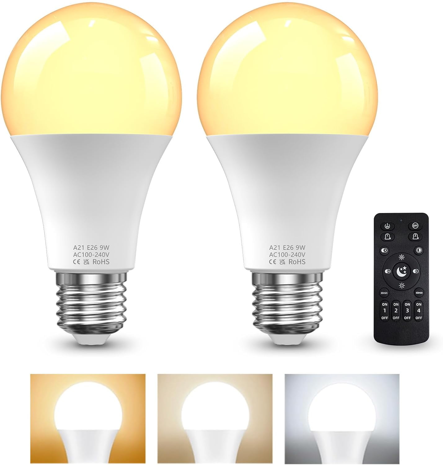 FEFEFW-E26 LED Light Bulbs with Remote Control, 9W LED Bulbs 60W Equivalent, 3000K-6000K Stepless Dimmable, E26 Base, Remote Control Light Bulbs with Timing, Memory Function, for Home Decor, 2Bulb &