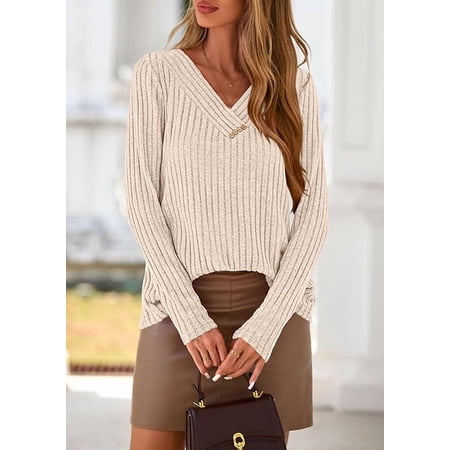PRETTYGARDEN Women's Long Sleeve Shirts Fall Fashion Clothes Casual Ribbed V Neck Loose Tunic Tops Lightweight Sweaters