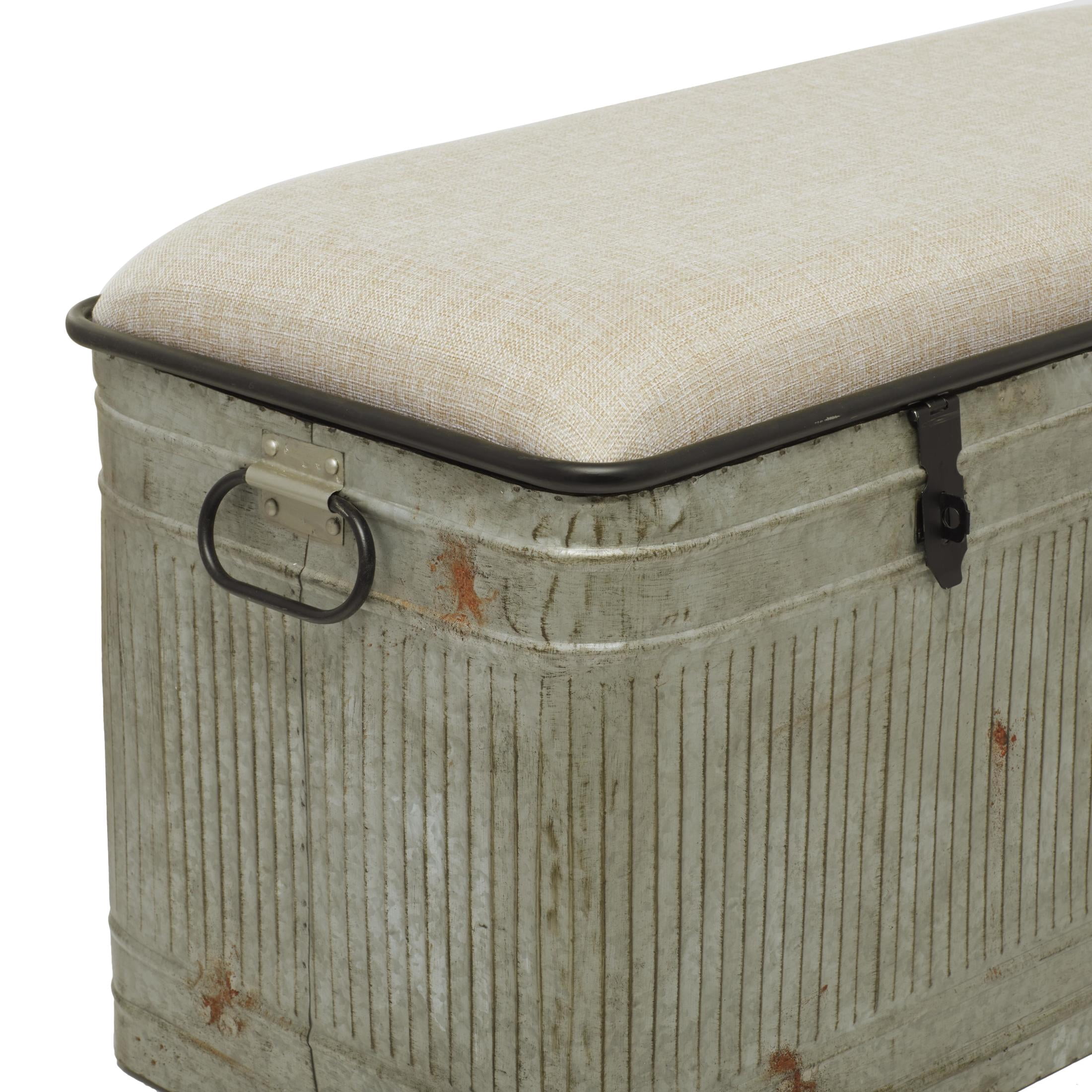 DecMode Metal Galvanized Storage Bench with Cream Burlap Top and Black Latches, Gray