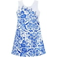 thumbnail image 1 of Girls Dress Blue White Porcelain Floral Printed Knot Button 7 Years, 1 of 4