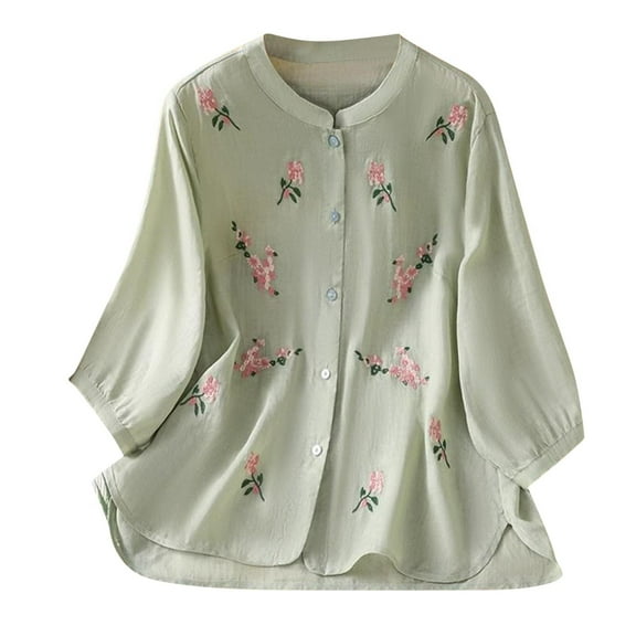 ShiShine Womens Trendy Embroidery Tops 3/4 Long Sleeve Button T Shirts Dressy Casual Blouses Loose Tunics