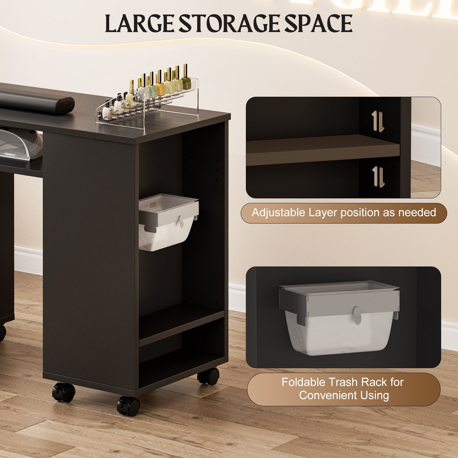 Manicure Station with Storage Drawers and Cabinet, Nail Tech Table with Foldable Tabletop, Nail Station with Lockable Wheels, Wrist Cushion, Nail Organizer & Foldable Trash Rack(Black)