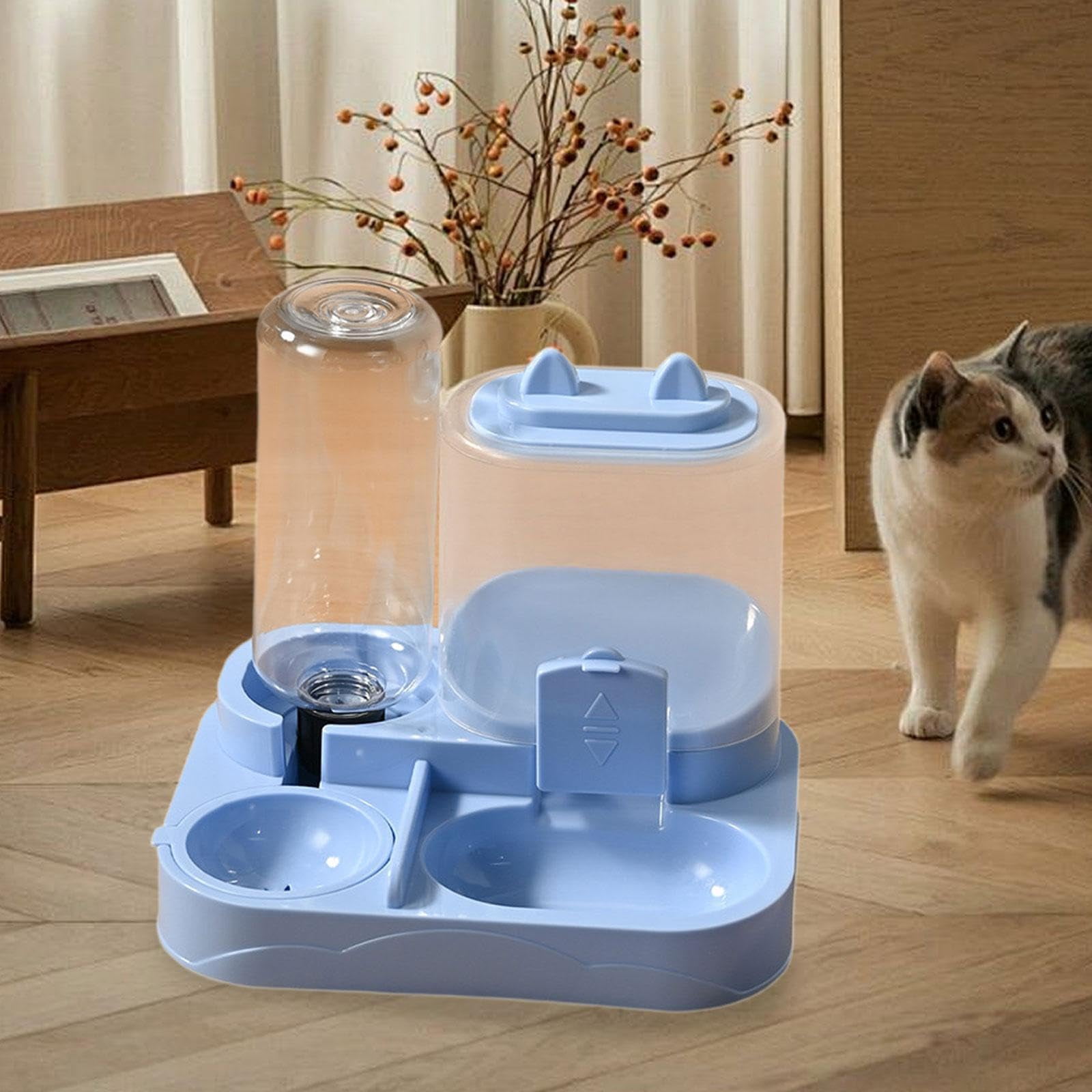 1PC Pet Automatic Feeding Bowl, Dual Bowls Design for Food & Water Dispensing, Blue Color for Cats Dogs Small Animals