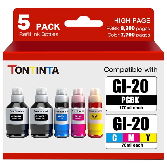 GI20 GI-20 Ink Bottles 5 Color Multipack High Capacity Compatible for Canon PIXMA G5020 G6020 G7020 MegaTank Printers 170ml Black Ink Refill 70ml C/M/Y Ink Refill