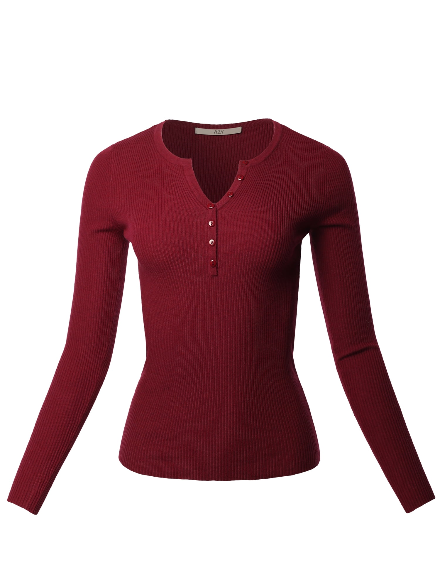 A2Y Women's Fitted Ribbed Long Sleeve Henley Sweater Burgundy M ...