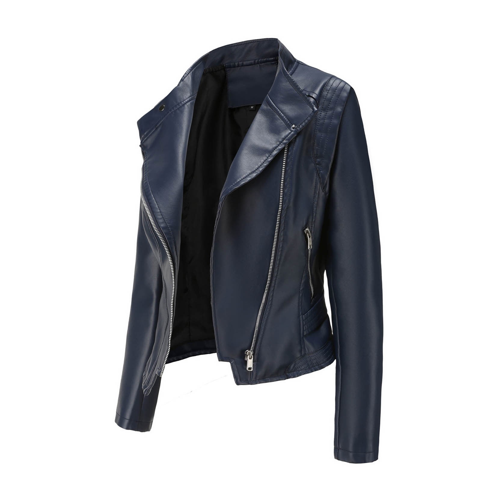 Ashirexll Leather Jacket Women Plus Size Solid Color Long Sleeve Zipper Classic Faux Leather Moto Lightweight Jacket Dark Blue XXL