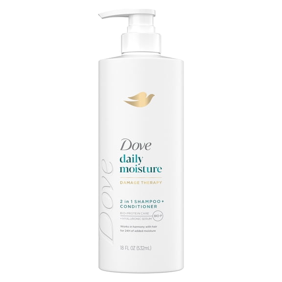 Dove Damage Therapy 2in1 Shampoo & Conditioner for Dry Hair Daily Moisture with Bio-Protein Care Technology and Hyaluronic Serum, 18 Fl Oz