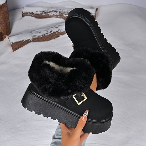 SYMOID Womens Black Winter Snow Boots - Platform Ankle Boots with Faux Faux Fur Collar Fleece Lined Warm & Anti-Slip Rubber Sole Gold Buckle,Size 39