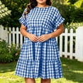 thumbnail image 6 of CALAFEBILA Summer Dresses for Women Lattern Short Sleeve O-neck Plaid Midi Sun Dress Swing Long Women's Dresses, 6 of 9